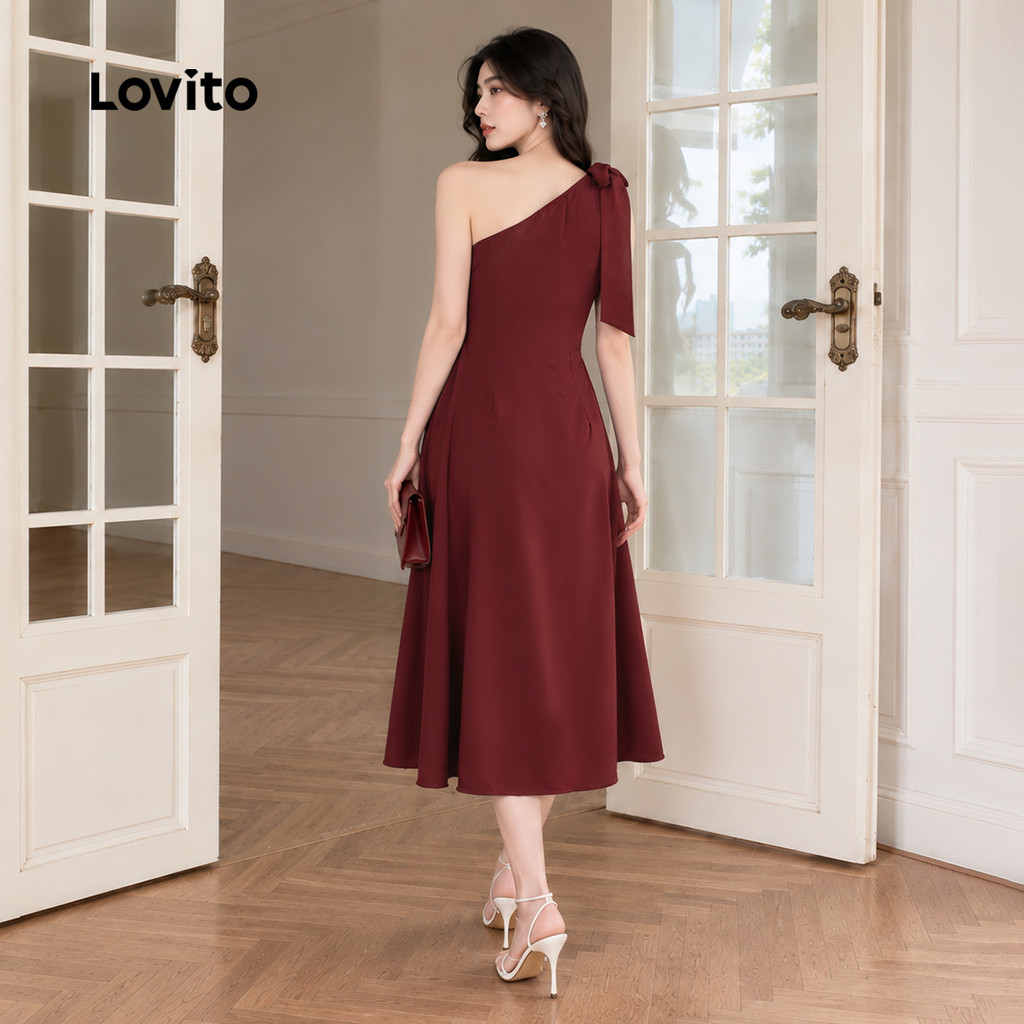 (New Arrival) Lovito Vestido Feminino Elegante Bordô Assimétrico Plissado Longo E Evasê Para Primavera/verão Ano Novo Chinês E Trabalho DRB207P1D630 — imagem 2 de 2