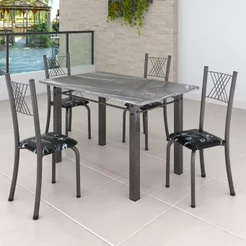 Conjunto Mesa com 4 Cadeiras Tampo de Granito Topázio Sara Yescasa Prata/Preto Floral/Mart Preto Floral/Prata