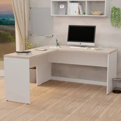 Escrivaninha Mesa Escritório em L Tampo 160cm Carvalho e Branco Bege Carvalho/Branco