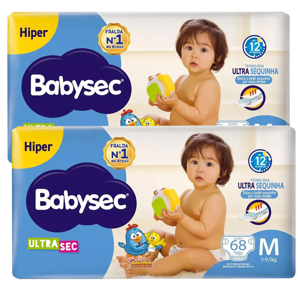 Kit Fralda Descartável Babysec UltraSec Hiper M 68 Unidades - 2 Unidades