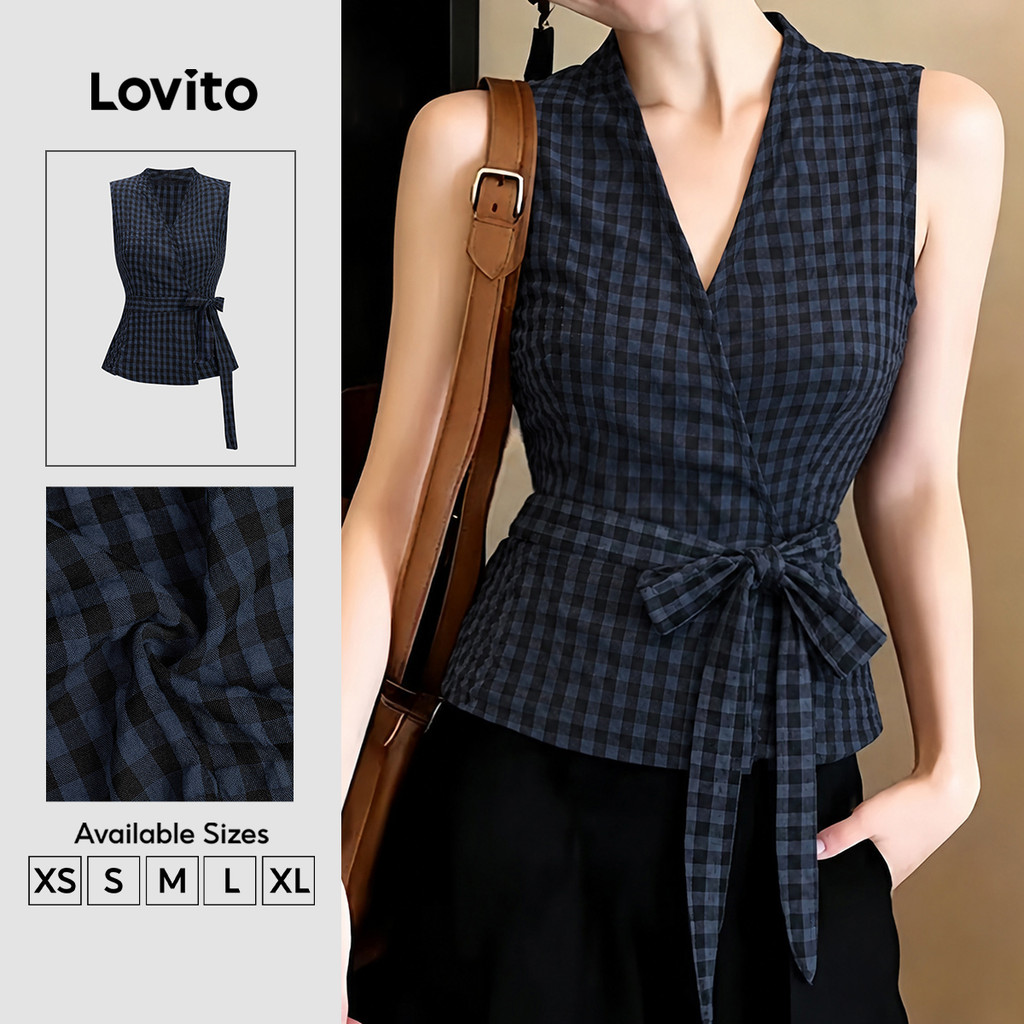 Lovito Elegante Blusa Sem Mangas Gola V Azul Marinho Xadrez Nó Frontal Envelope Primavera Verão Trabalho Para Mulheres TKB202P2D499