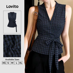 Lovito Elegante Blusa Sem Mangas Gola V Azul Marinho Xadrez Nó Frontal Envelope Primavera Verão Trabalho Para Mulheres TKB202P2D499
