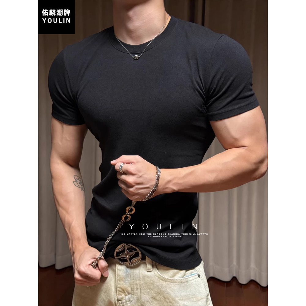 Preto punhos estreitos autêntico ombro camiseta masculina magro-ajuste mostrar músculos Fitness esportes curto-