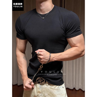 Preto punhos estreitos autêntico ombro camiseta masculina magro-ajuste mostrar músculos Fitness esportes curto-