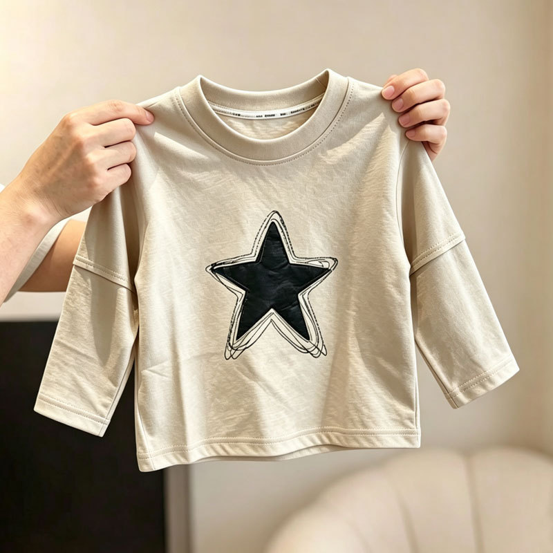 Algodão puro meninos falso de duas peças de manga comprida camiseta primavera outono novo estilo médio pequeno crianças 