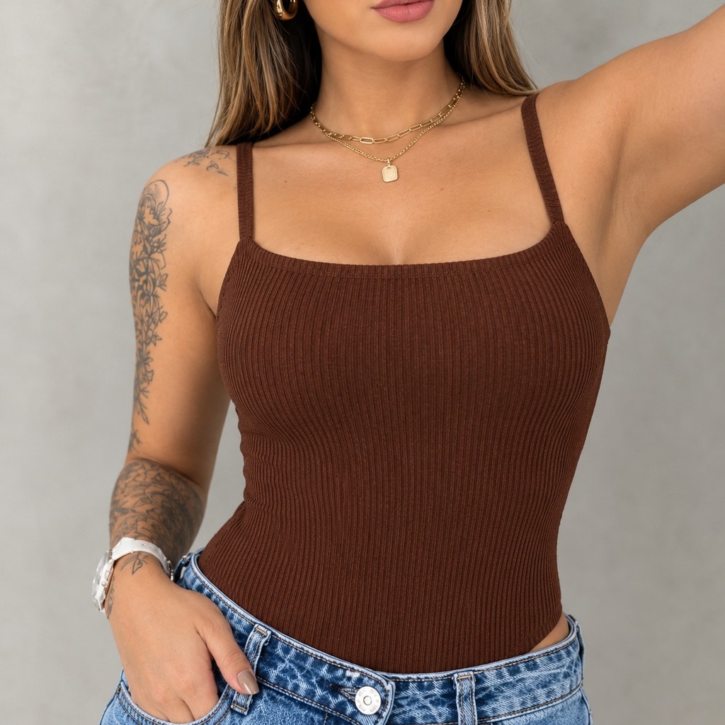 Body Feminino Anarruga Canelado Alcinha Decote Quadrado Justo Básico Regata Casual