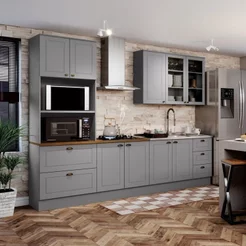 Cozinha Completa Modulada 9 Portas 5 Gavetas Emily Cinza/Nature Cinza/Nature