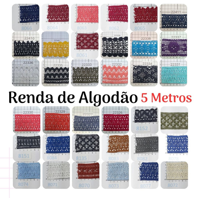 5m Renda Algodão 5cm 5,2cm 5,5cm 5,8cm 6cm 10cm preto azul turqueza confecção camisas e artesantos customização RA5-5m
