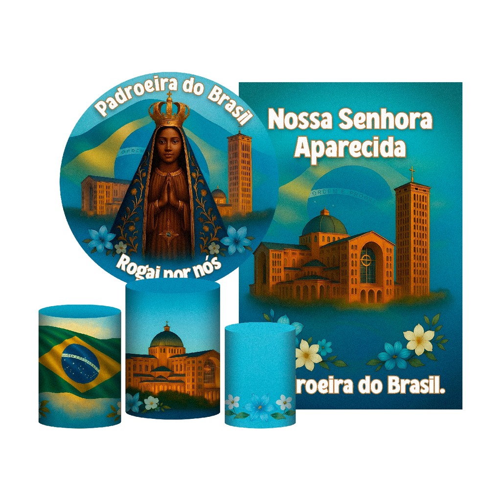Kit Casado Nossa Senhora Aparecida Painel Redondo + Trio Capas Cilindro + Painel Lateral Em Tecido