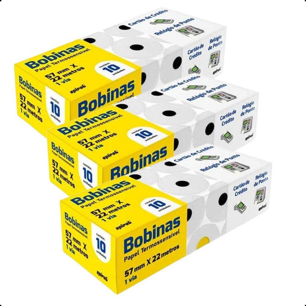 Kit 30 Un Bobina Térmica para Máquina Cartão de Crédito Relógio de Ponto Termossensível