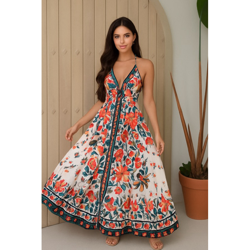 Vestido Longo Juvenil Inspiração Farm Estampado Floral Dress Verão Tropical Tendência Adolescente 2026