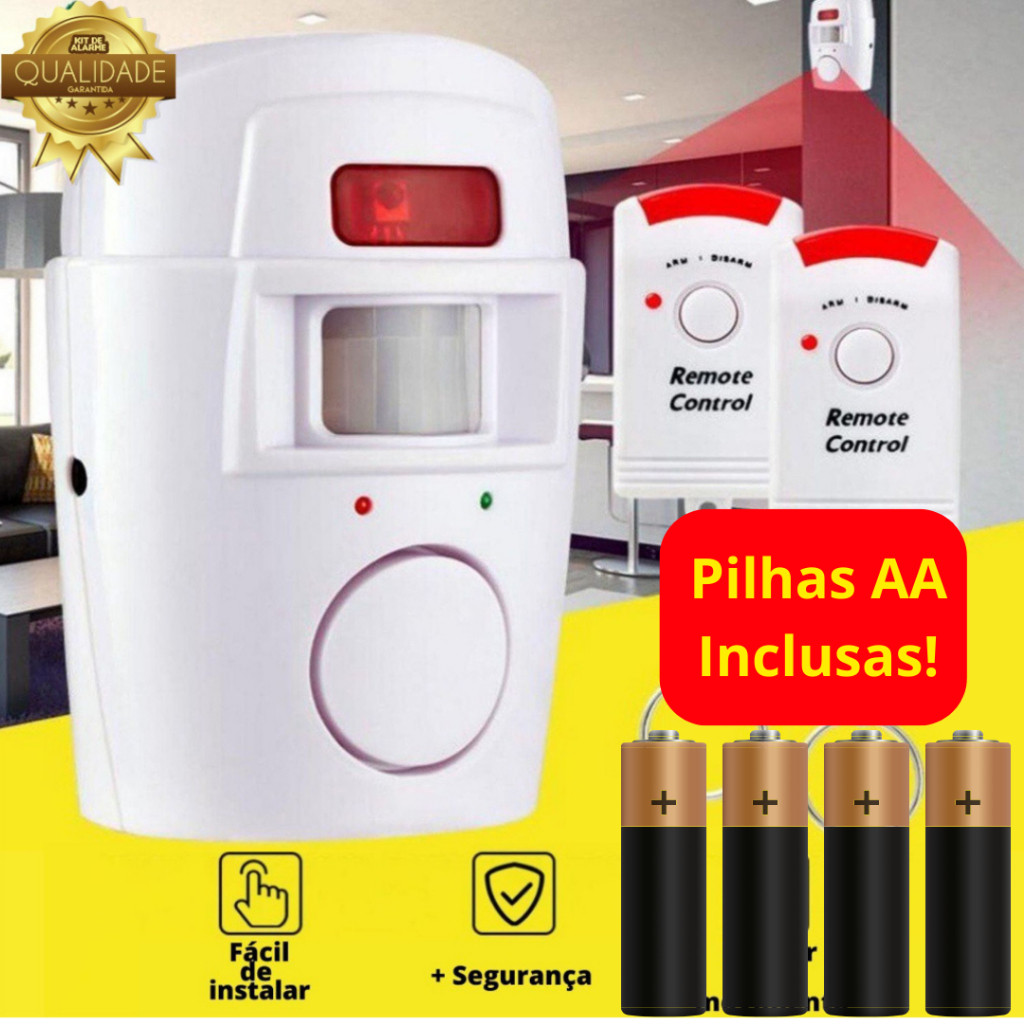 Sensor de presença Alarme Residencial sem fio com + 2 controles + 1 suporte de fixação á pilha