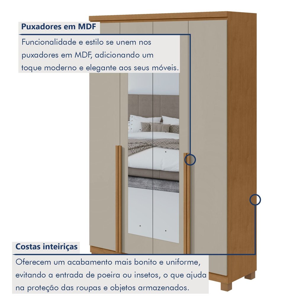 Detalhes do Guarda-roupa 4 Portas 2 Gavetas 100% Mdf Alonzo com Espelho e com Pés Amêndoa Clean/Off White