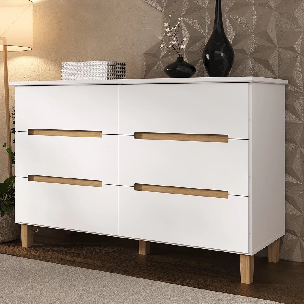Cômoda para Quarto 6 Gavetas MDF Logan Branco/Olmo em Oferta na Shopee