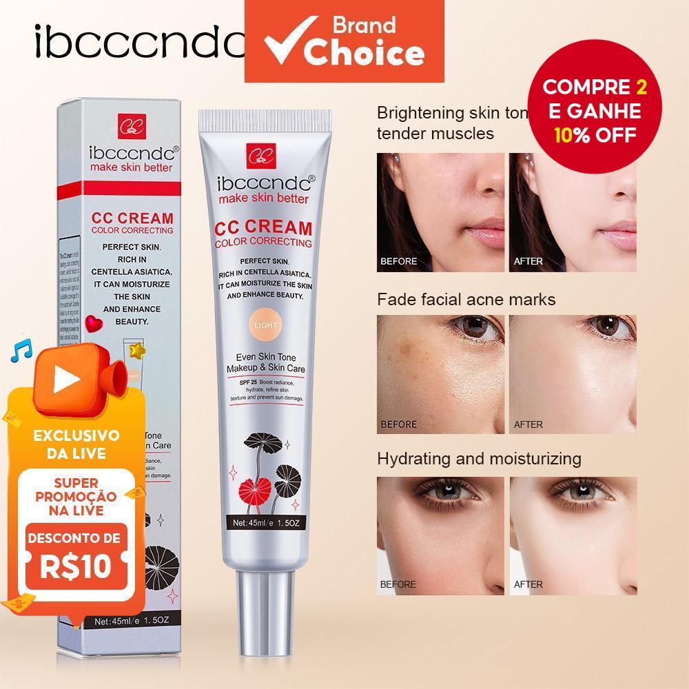Creme Facial CC Corretor de Cor com Centella Asiatica, BB Cream Reparador e Base Líquida Clareadora - 45ml.