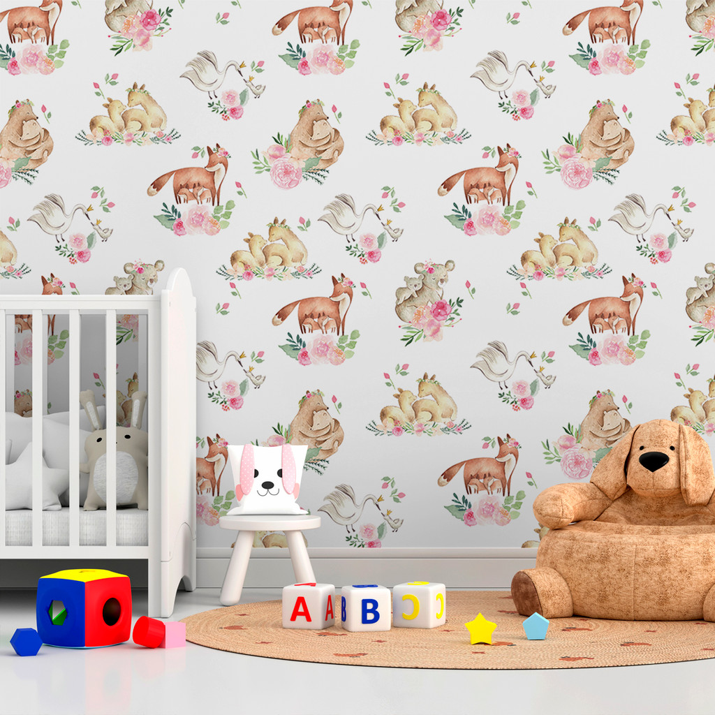 Papel de Parede Infantil Aquarela Animais e Flores | Quarto de Bebê Menina Auto Adesivo Decorativo Raposa e Cisne