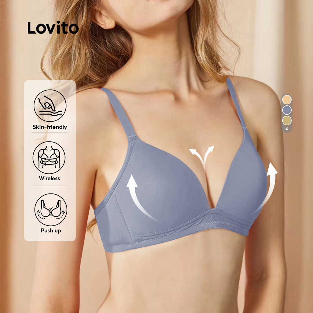 Lovito Sutiã Elegante de Pele Confortável Sem Fio Sutiã Azul Simples Push-up para Mulheres LNE117013