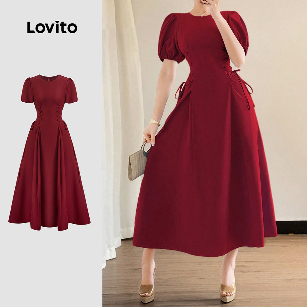 Lovito Vestido Casual de Renda com Amarração para Primavera/verão Cor Claret para mulheres L155ED1948 em Oferta na Shopee