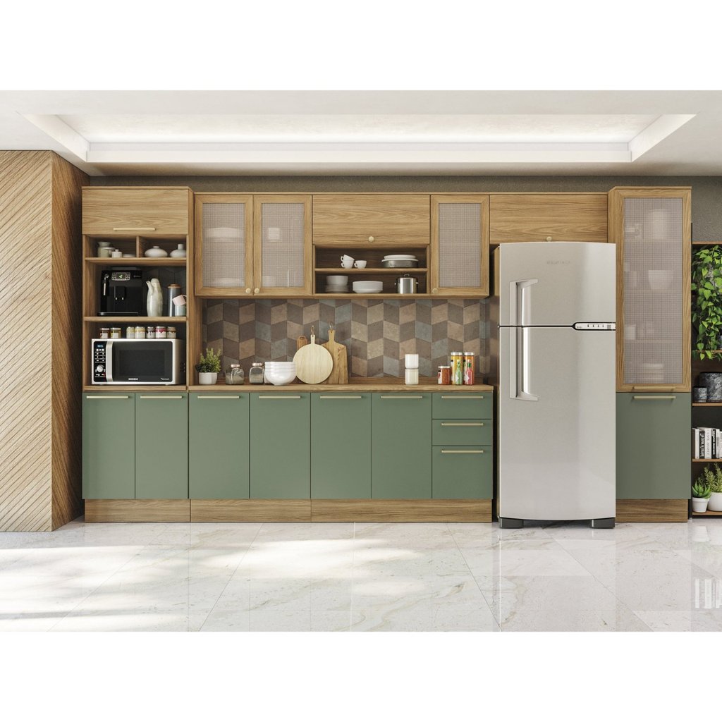 Cozinha Completa 7 Peças com Torre Quente e Porta Telada Botanic Nogueira/Verde Oliva em Oferta na Shopee