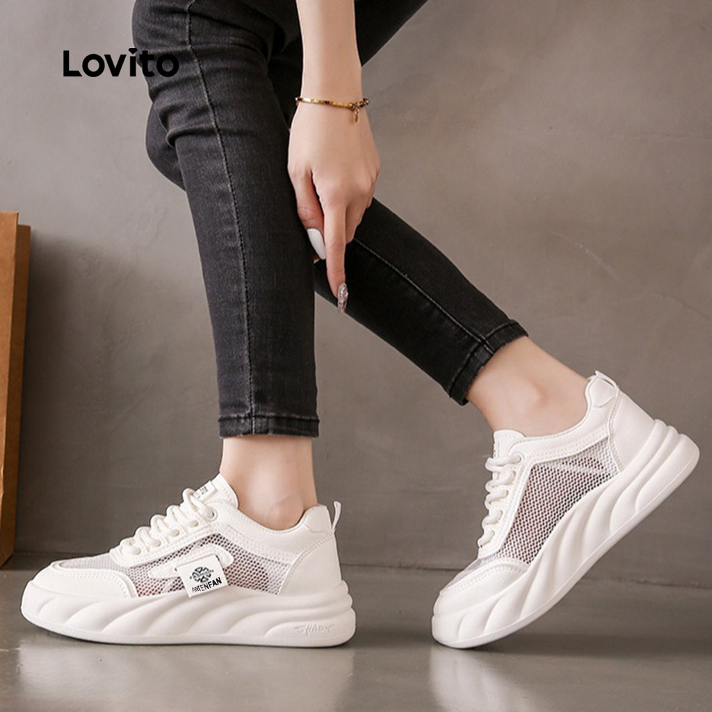 Detalhes do Lovito Tênis Casuais Color Block com Sola Grossa Todos Os Momentos Tênis Pretos para mulheres LFA85019