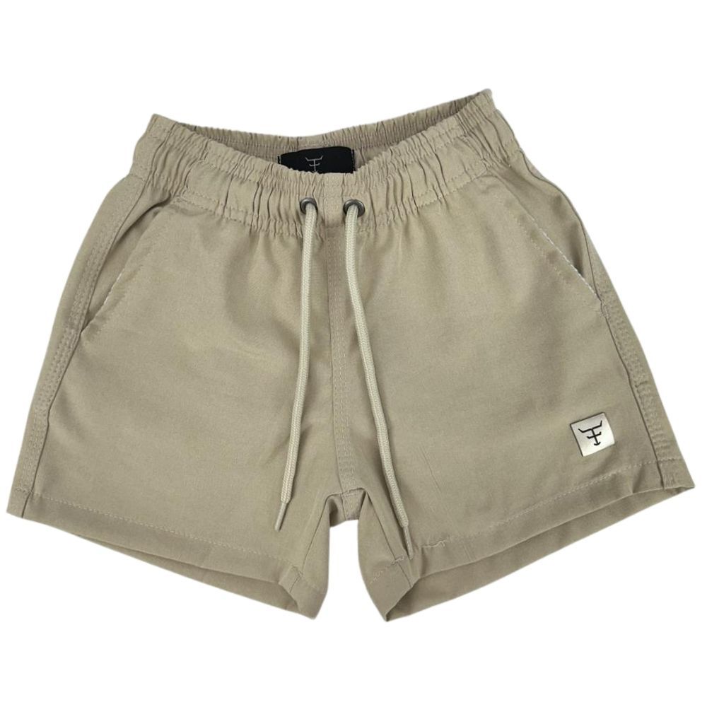 Bermuda Tactel De Menino Texas Farm Original Com Bolsos Na Frente E Atrás Bege Com Logo Da Marca