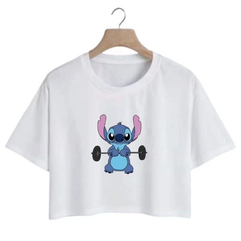 Cropped Blusa Feminina Estampada Stitch Algodão Confortável Treino Academia Manga Curta