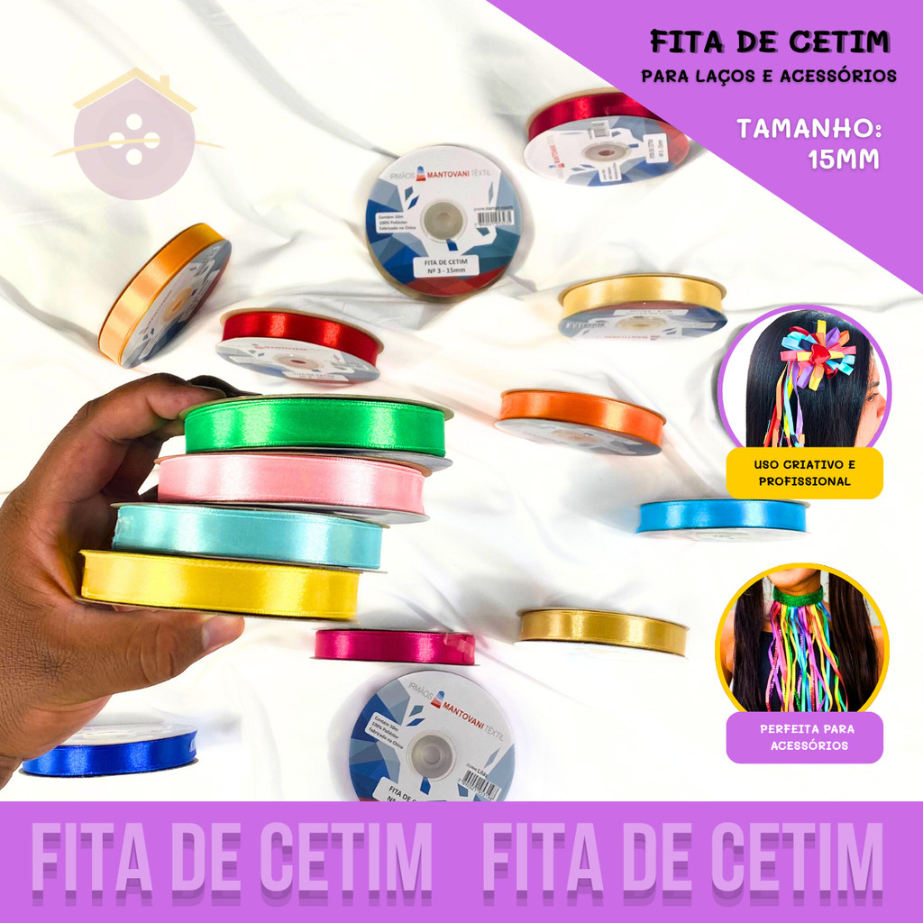 Fita de Cetim Lisa - 15mm - Rolo C/50 Metros - Grade de Cores