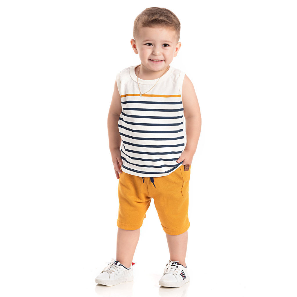 Conjunto Infantil Verão Masculino Casual Regata Listras 100% Algodão Bermuda Moletinho Com Bolso 1 ao 10 Anos