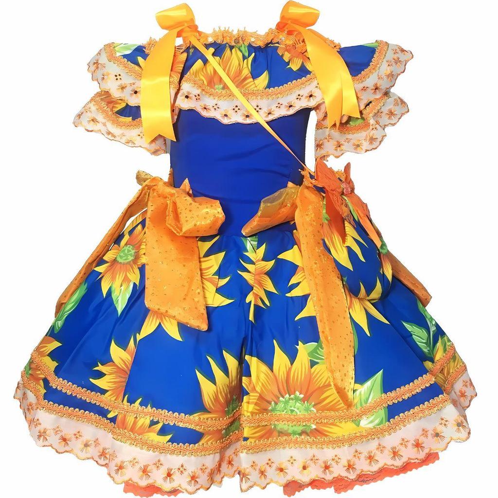 Vestido Infantil de Festa Junina Magdalena Azul Com Alça e Cintura Ajustável e Bolsinha