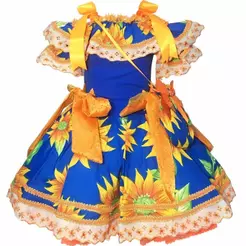 Vestido Infantil de Festa Junina Magdalena Azul Com Alça e Cintura Ajustável e Bolsinha