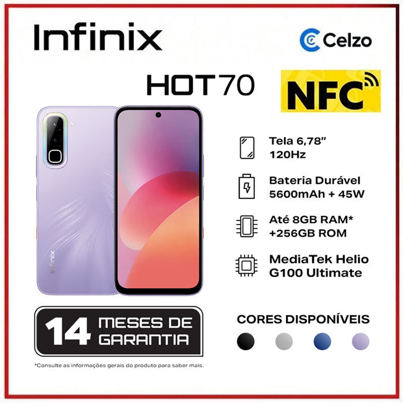 Smartphone Infinix HOT 70 4G 256GB 8GB RAM Tela 6.78” 120Hz Dimensity 7050 Bateria 6000mAh Android 16 NFC - Roxo