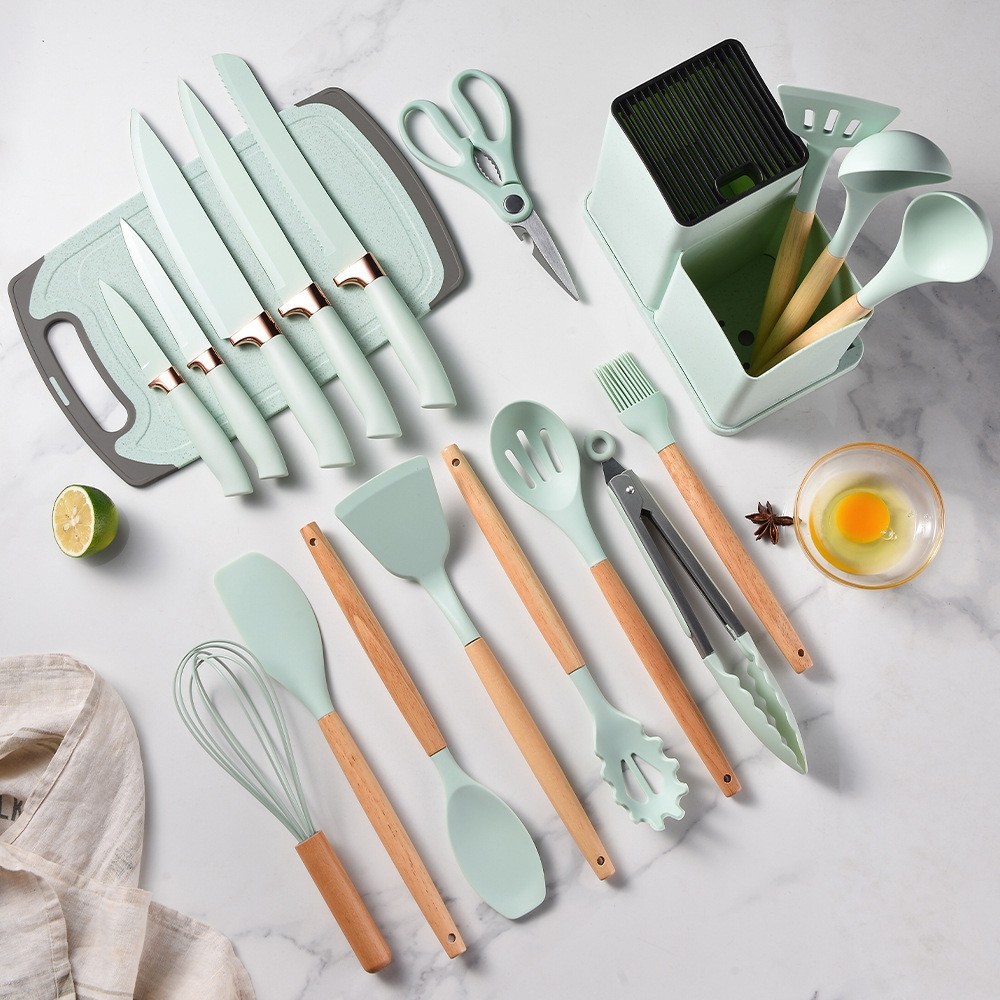 Conjunto de 19 peças de utensílios de cozinha de silicone faca combinação de silicone utensílios de cozinha conjunto de 