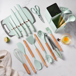 Conjunto de 19 peças de utensílios de cozinha de silicone faca combinação de silicone utensílios de cozinha conjunto de 