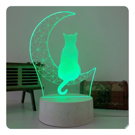 Luminária de Mesa Led 3D RGB Gato na Lua Abajur Decorativo Luz Noturna USB