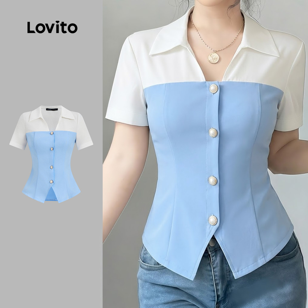 Lovito Casual Blusa Colorida Botão Frontal Divisão Frente Blusa Primavera/verão 