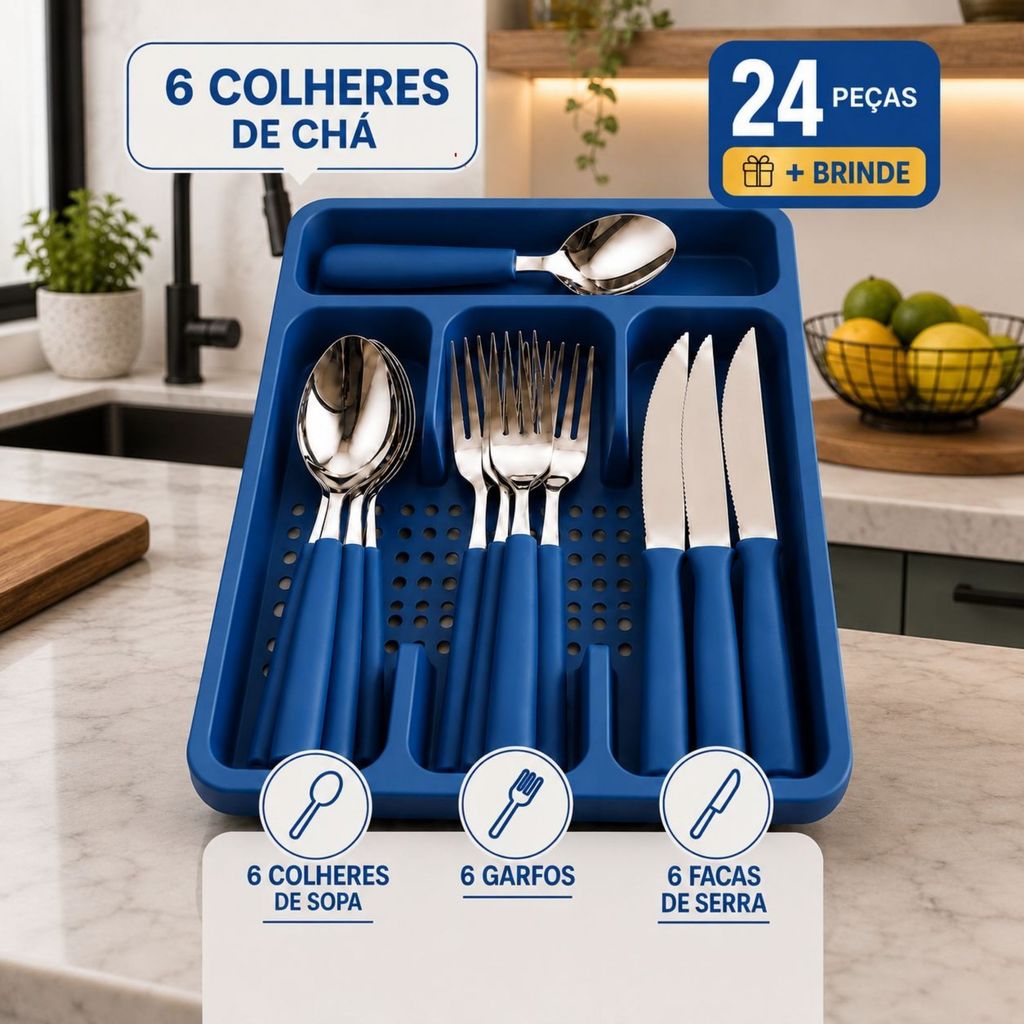 Conjunto de Talheres 24 Peças Aço Inox com Organizador de Brinde Prático