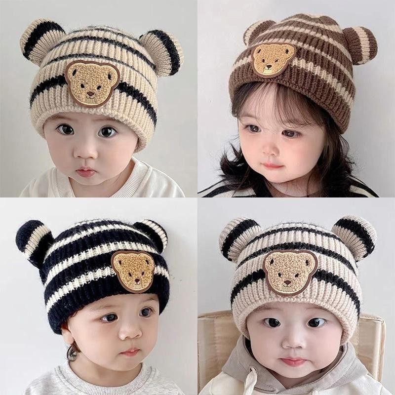 Orelhas De Urso Listrado Bebê Chapéu De Malha Coreano Dos Desenhos Animados Bonito Bordado Criança Gorro Outono Inverno