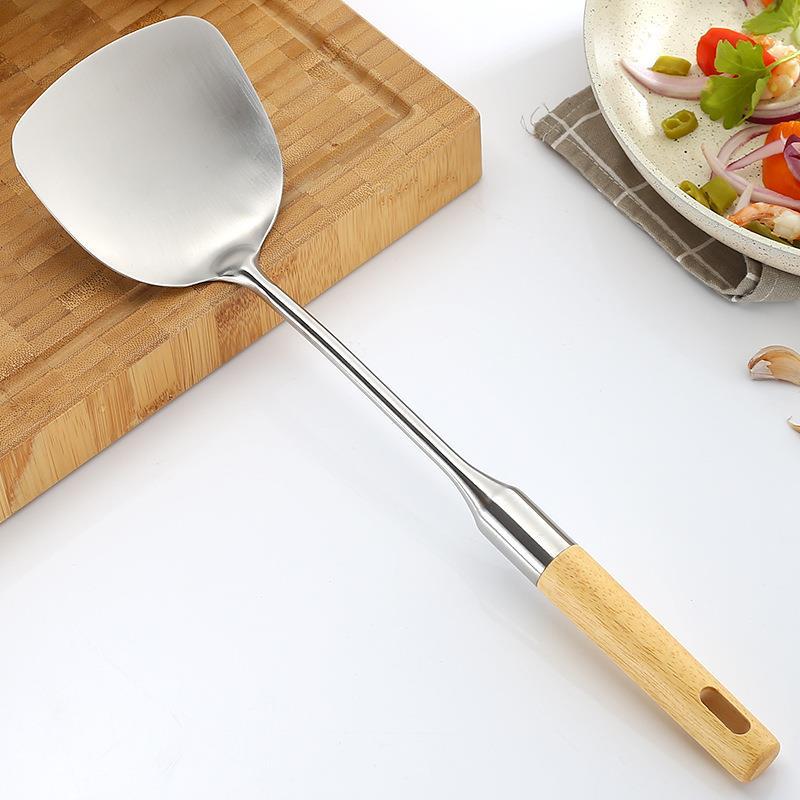 Yaqimei espátula de cozinha de aço inoxidável, cabo de madeira para cozinha doméstica, espátula de cozinha, utensílios d