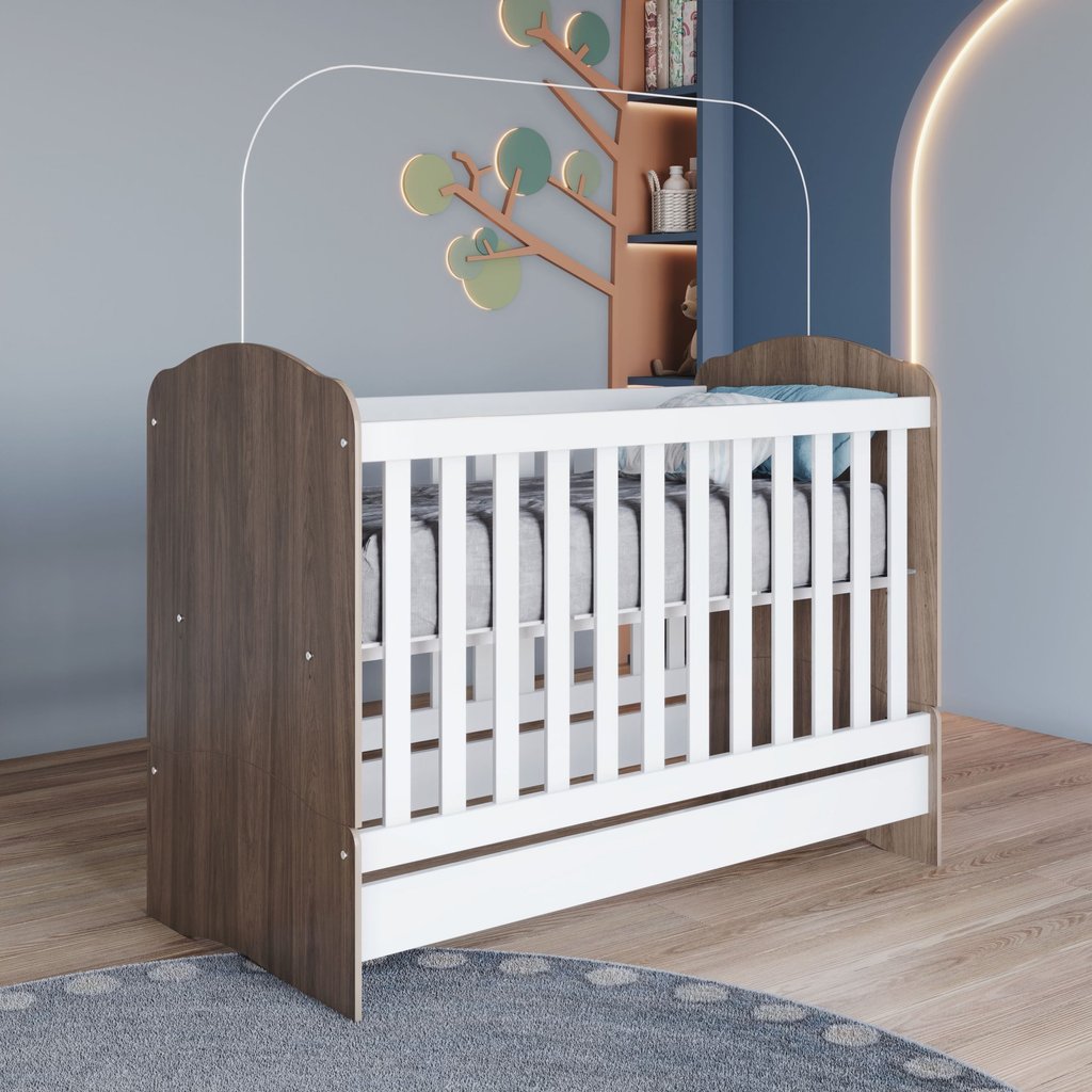 Berço Mini Cama 3 em 1 Bala de Menta Marrom/Rústico/Branco Rústico/Branco