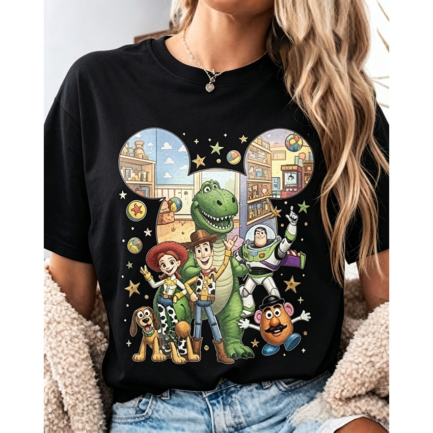 Camiseta Masculina Feminina Oversized Estampa Personagens Toy Story Dentro da Silhueta Orelhas Mickey Estrelas T-shirt