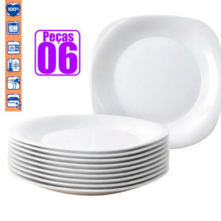 Kit jogo 6 Pratos Raso quadrado branco opaline liso vidro temperado 23,5cm cozinha hotel