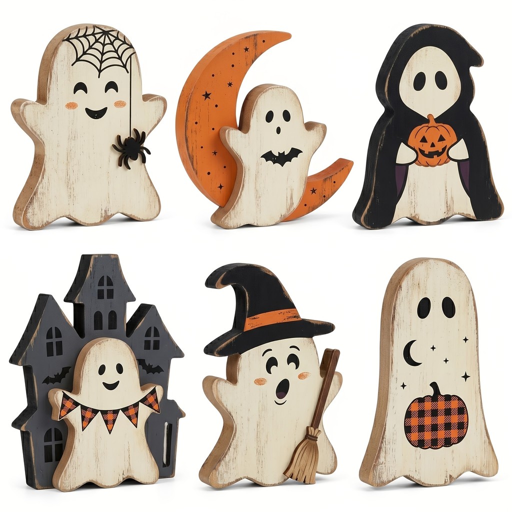 Decoração de terror interna de Halloween, conjunto de 6 peças de decoração de mesa fantasma de madeira, decoração de cas