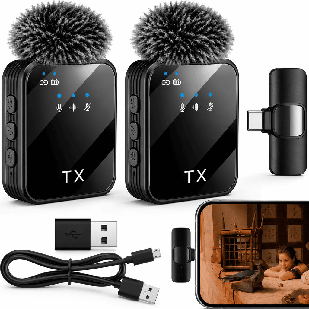 Microfone Lapela Sem Fio 2em1 Tipo-C Cancelamento Ruído Live Gravação Plug Play Celular Vídeo Áudio Android Premium Top