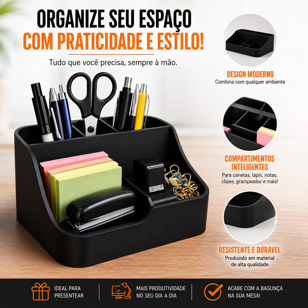 Organizador de Mesa  Para Escritório 5 Divisões Porta Lapís Caneta Clips Tesoura