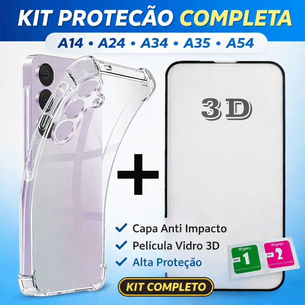 Kit Proteção Premium Samsung Capa Anti Impacto + Película Vidro 3D Galaxy A14 A15 A34 A35 A54 A55 M54 Capinha Completa
