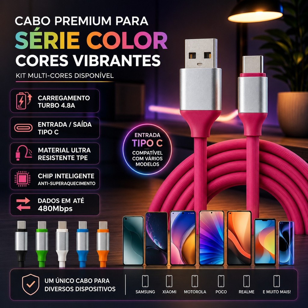 Cabo Colorido Turbo USB-C 1.2M Emborrachado Reforçado Para Vários Modelos Celular Tipo C