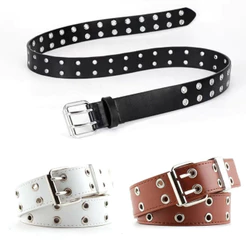 Cinto Feminino Unissex com Ilhós Duplo – Estilo Rock/Street – Preto, Branco e Marrom