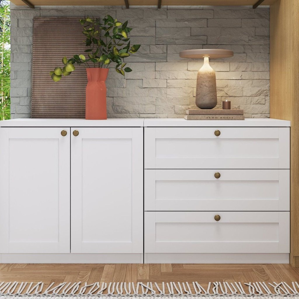 Kit Cômodas 3 Gavetas e Armário 2 Portas Provençais 100% MDF Branco/Fosco Branco Fosco
