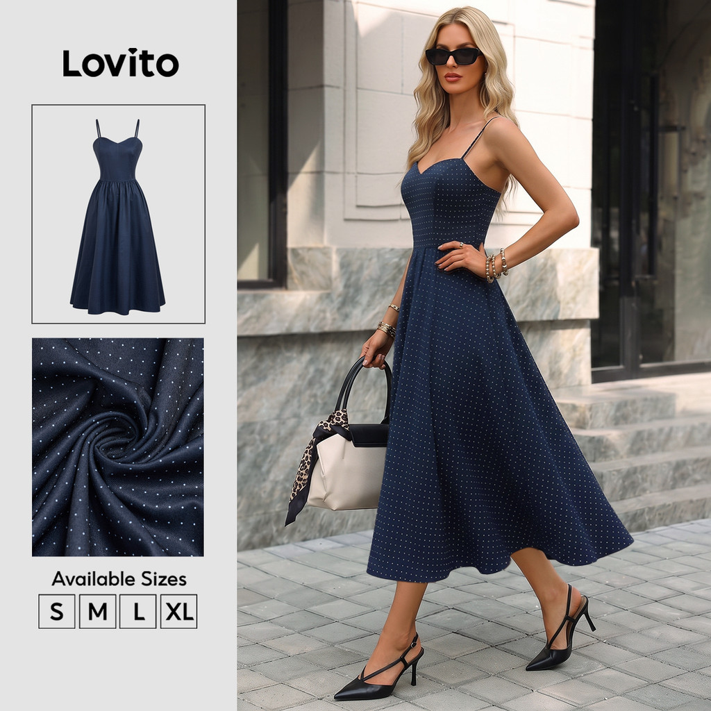 Lovito Elegante Vestido com Zíper Estilo Preguiçoso Francês Azul Marinho Primavera/verão para Mulheres LBL33038