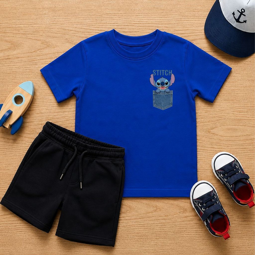 Conjunto Menino Stitch Roupa Infantil Masculina Camiseta Manga Curta Bermuda Moletinho Casual Leve Confortável Verão